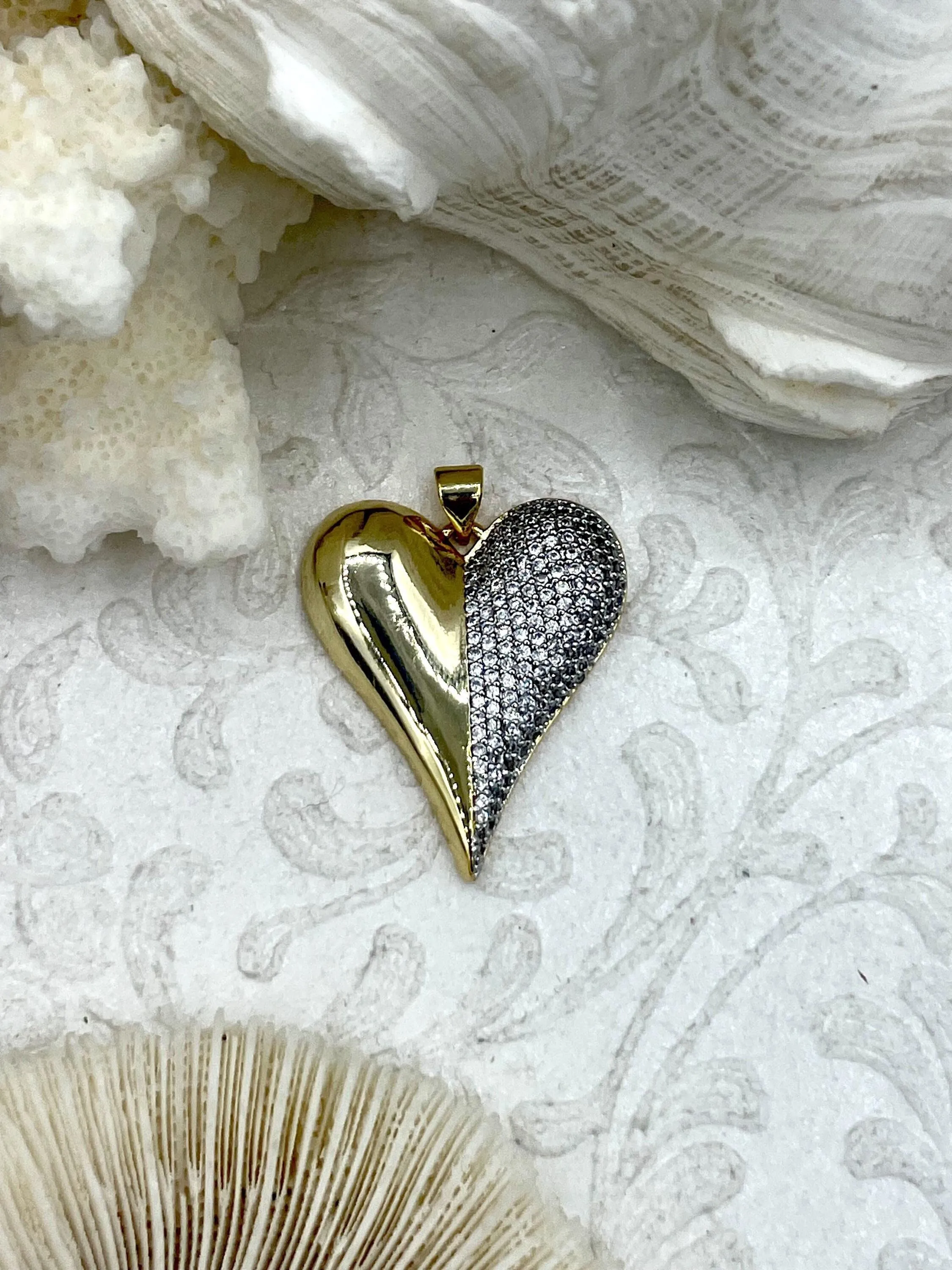 Gold Heart CZ Pave Charm, Cubic Zirconia charm, 30mm x 25mm x 5mm, Brass Heart Charm, Gold Plated Brass, clear CZ, Fast Ship