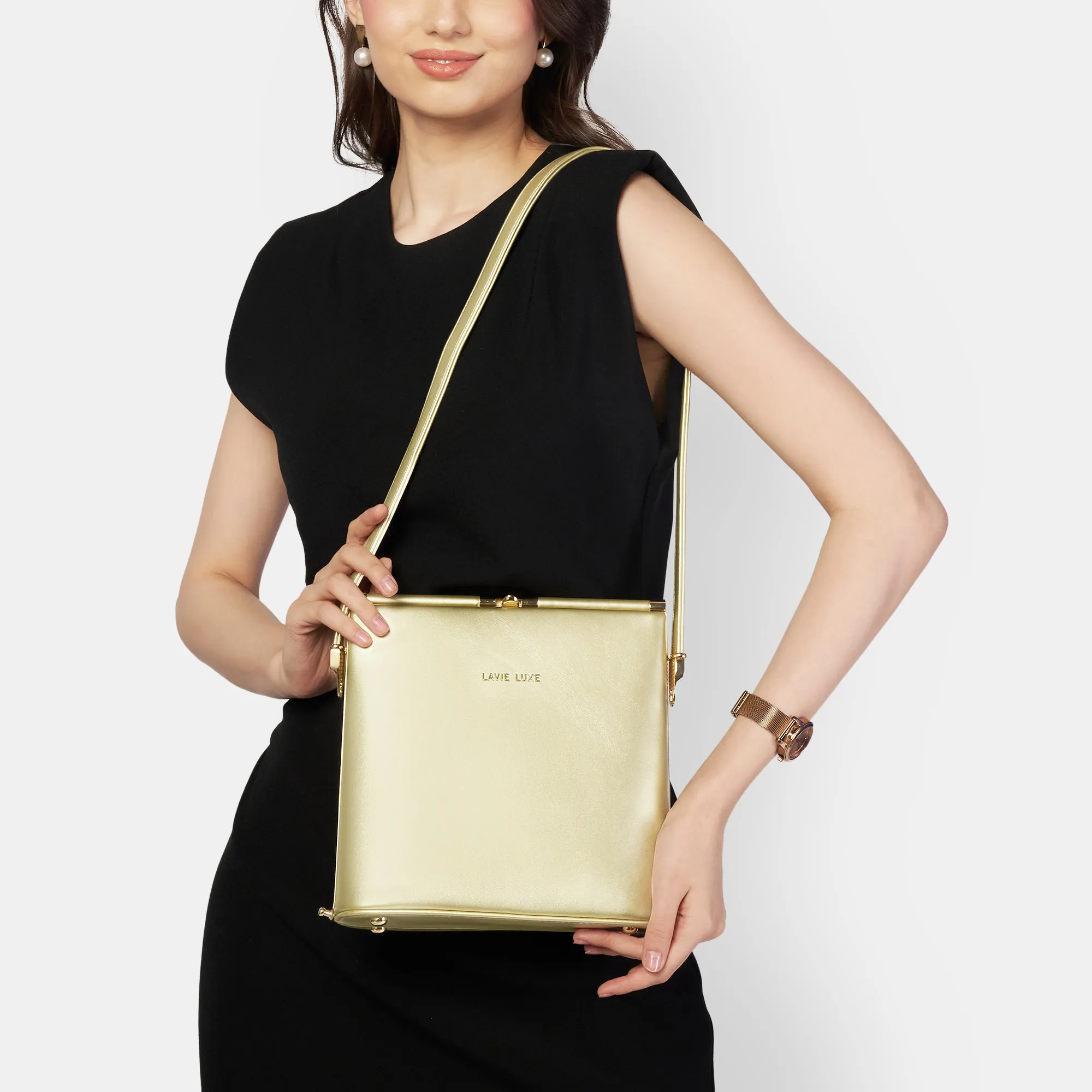 Lavie Luxe Glare Gold Medium Women's Framed Bag