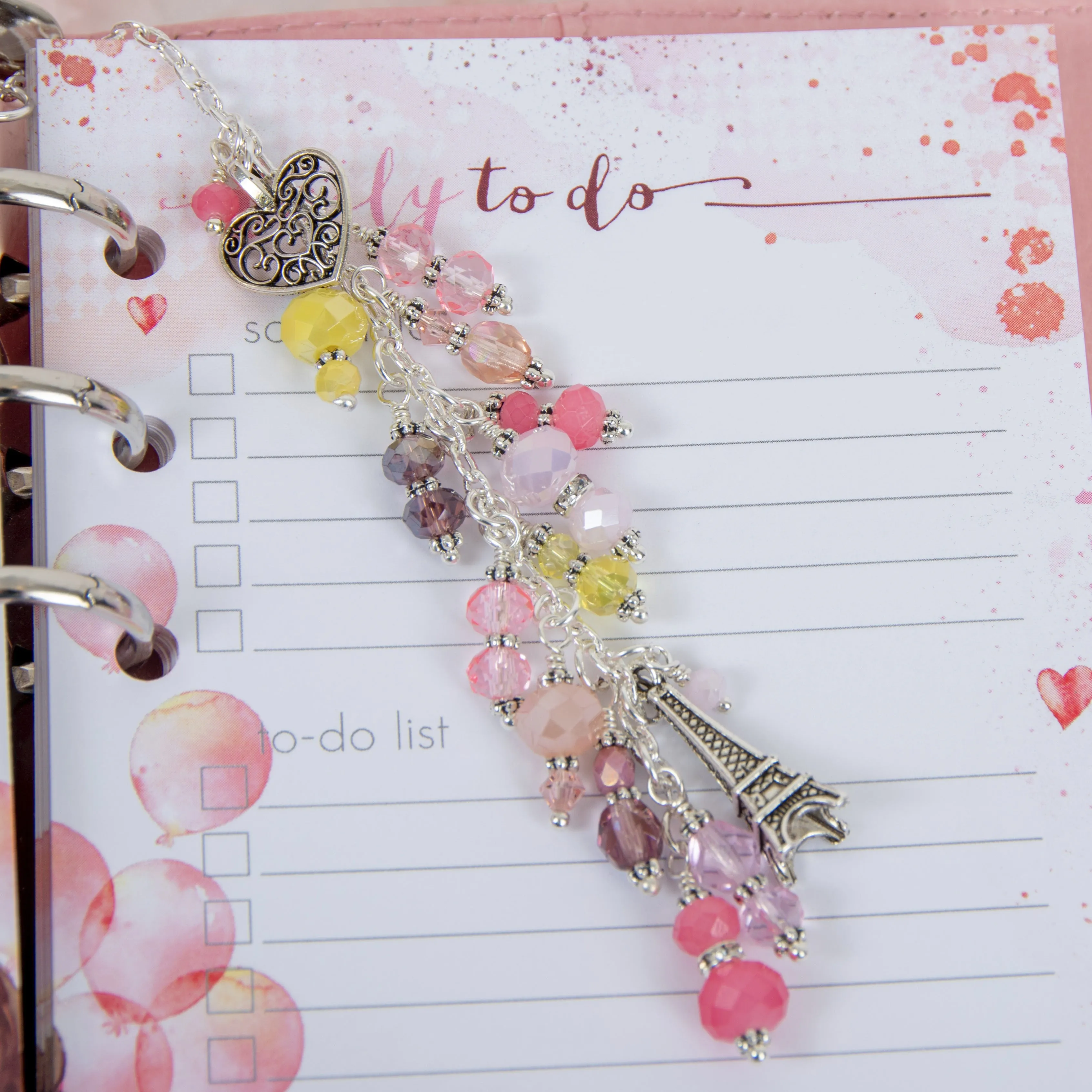 Paris Love Notes Planner Charm with Crystal Dangle and Heart & Eiffel Tower Charms