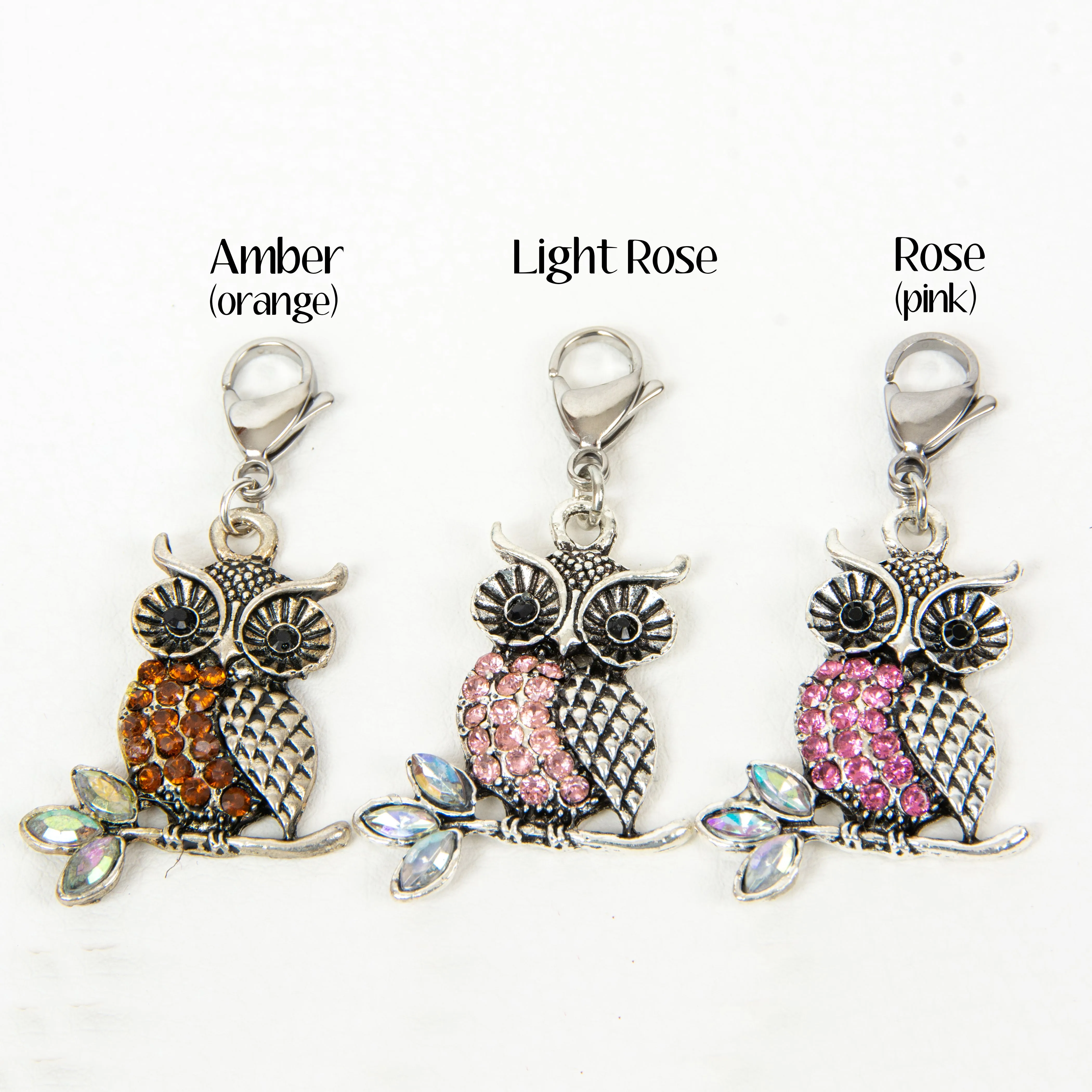 Rhinestone Owl Charm in Pink, Light Rose or Amber