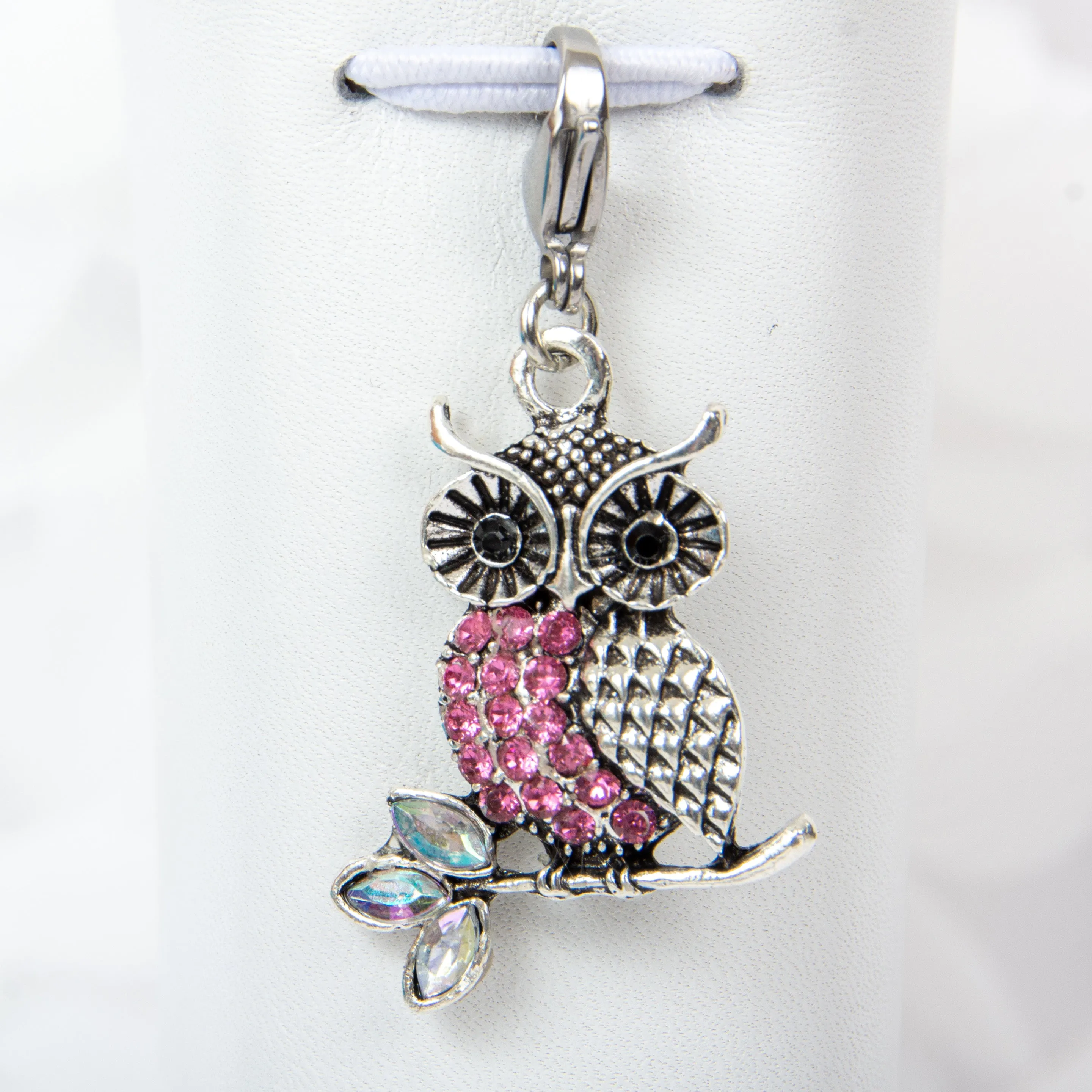 Rhinestone Owl Charm in Pink, Light Rose or Amber