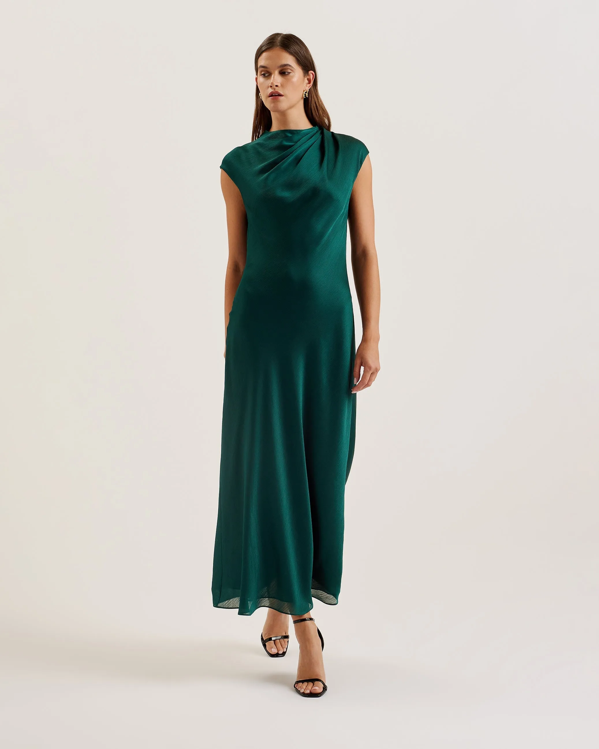 Rimini Draped Neck Detail Midi Dress Dk-Green