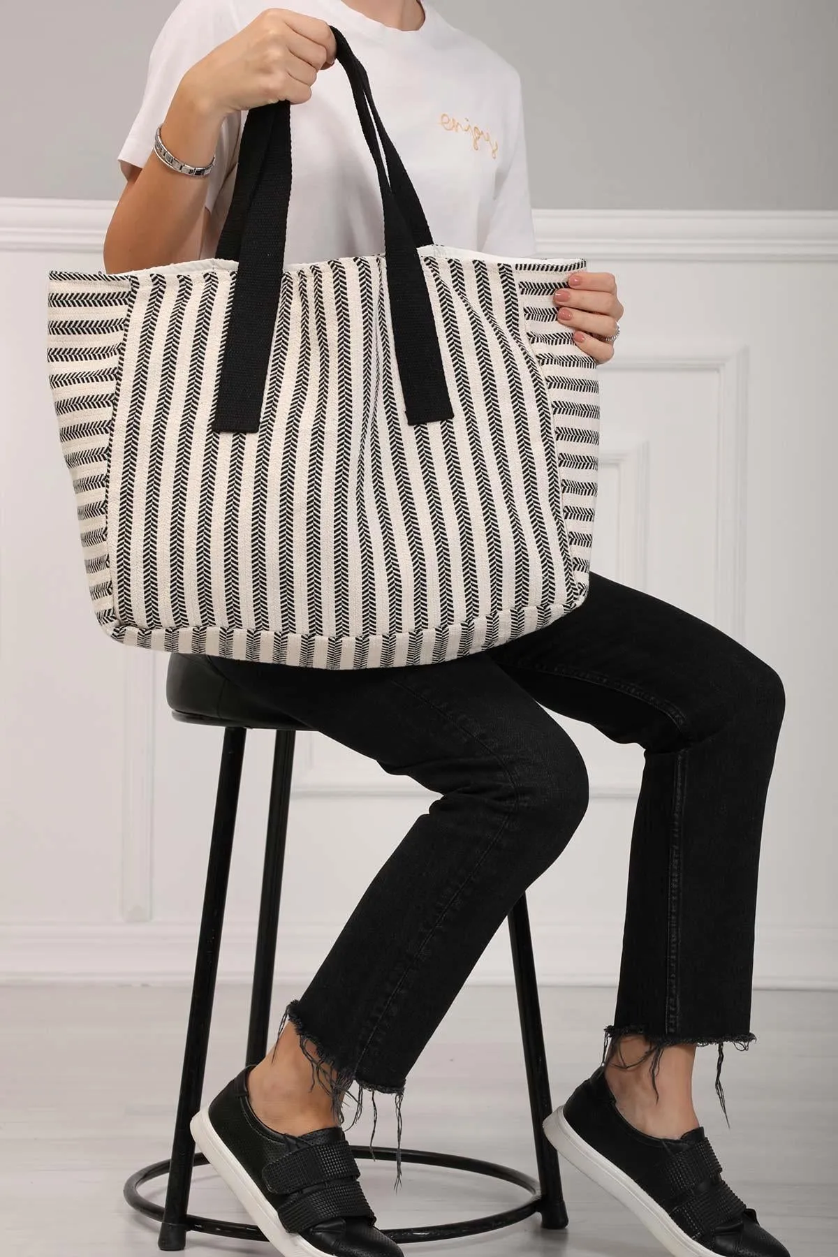 Striped Hand ShoulderTote Bag Casual Large Capacity Cotton Daily Travel Shopping Bag,C-18