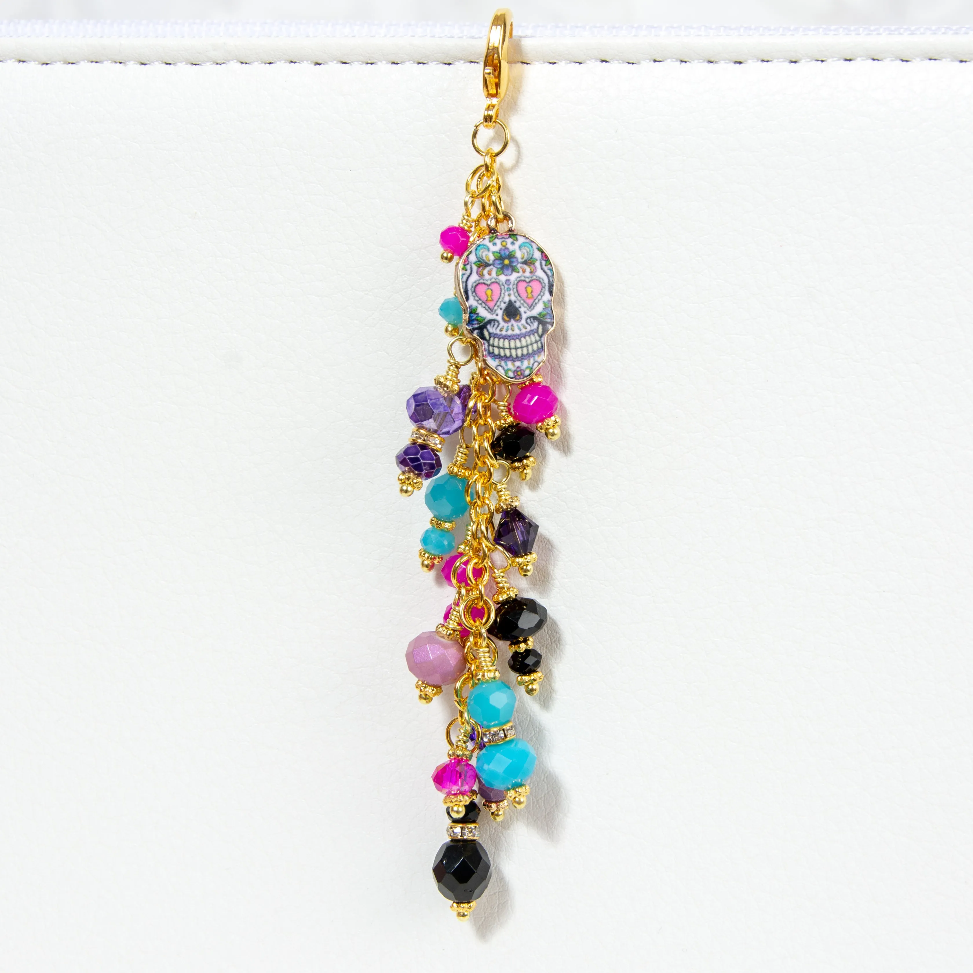 Sugar Skull Planner Charm with Purple, Pink, Turquoise and Black Crystal Dangle