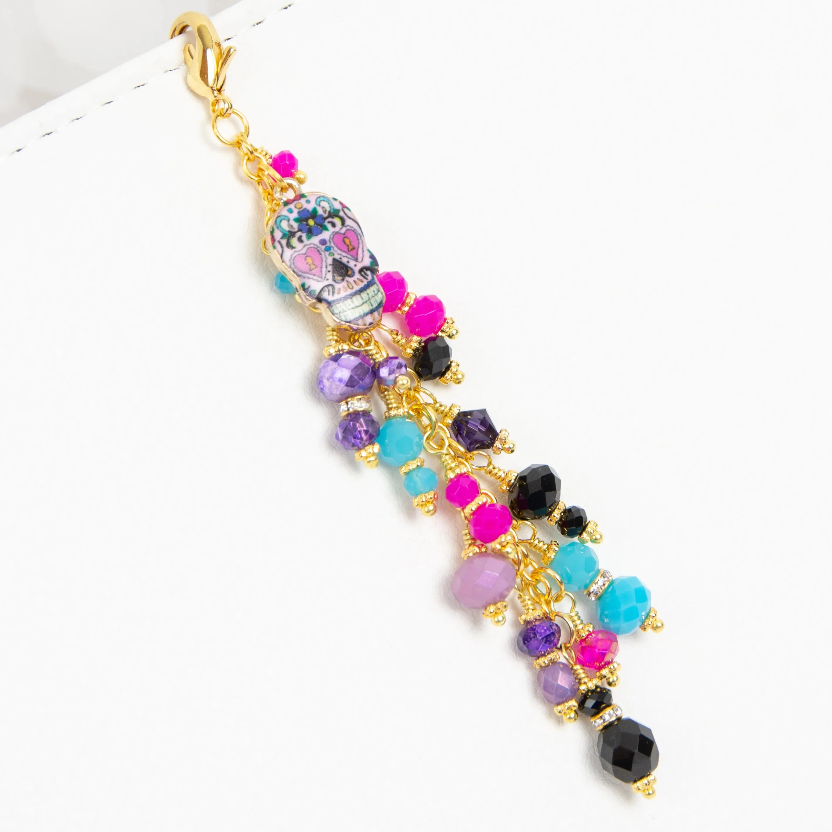 Sugar Skull Planner Charm with Purple, Pink, Turquoise and Black Crystal Dangle