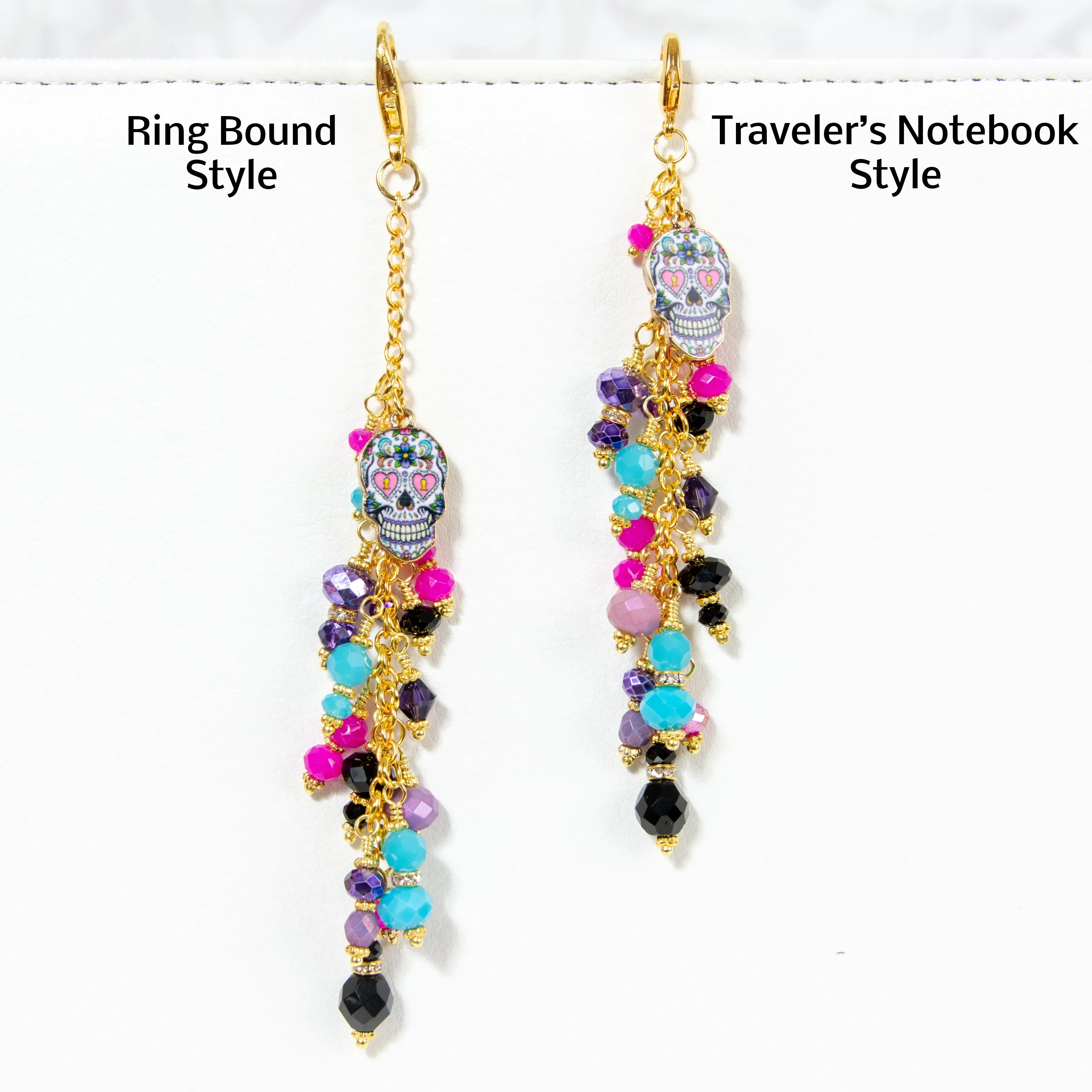 Sugar Skull Planner Charm with Purple, Pink, Turquoise and Black Crystal Dangle