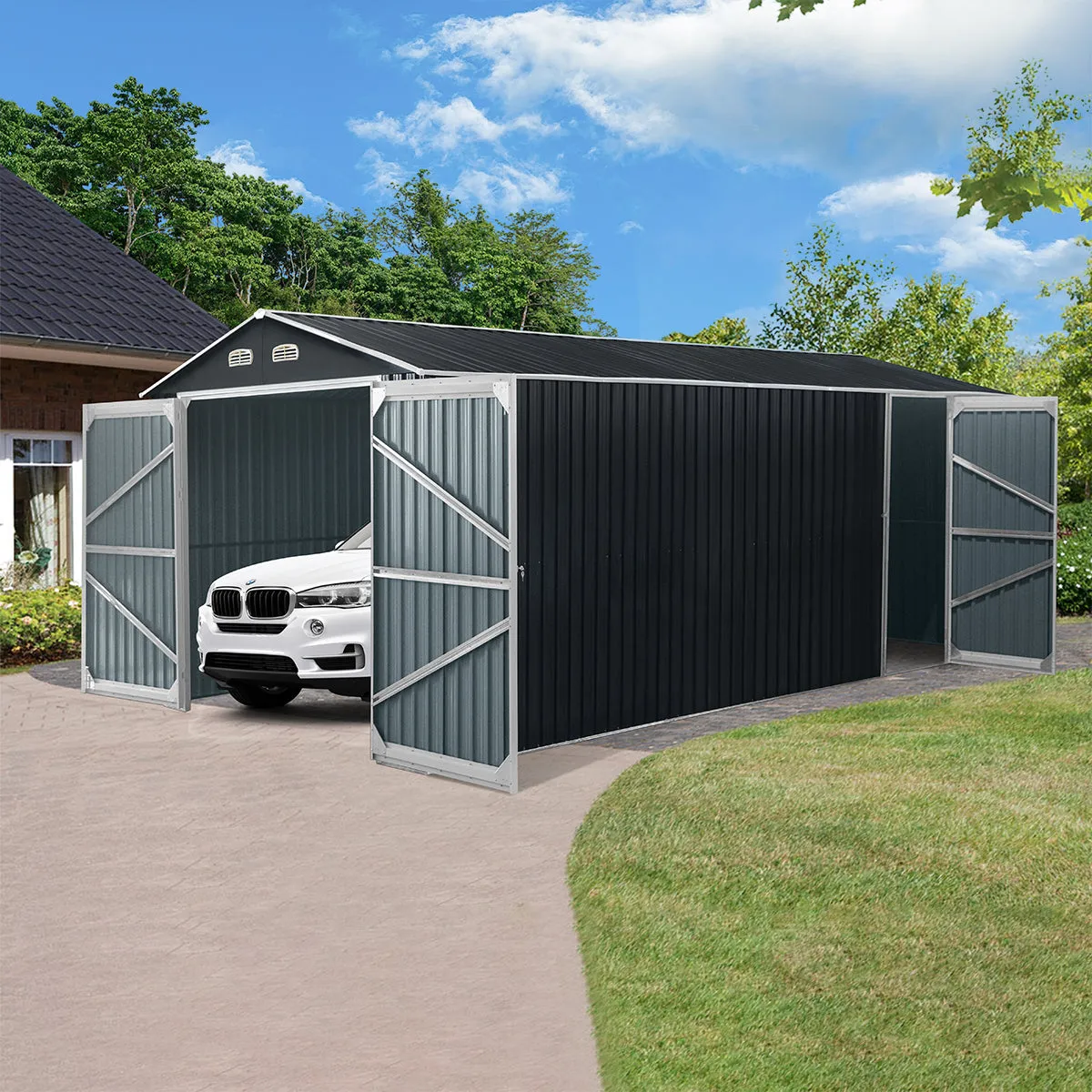 TMG Industrial 10’ x 20’ Metal Garage Shed with Double Front Doors, 7’8” Peak Height, Side Entry Door, 185 Sq-Ft Floor Space, TMG-MS1020A