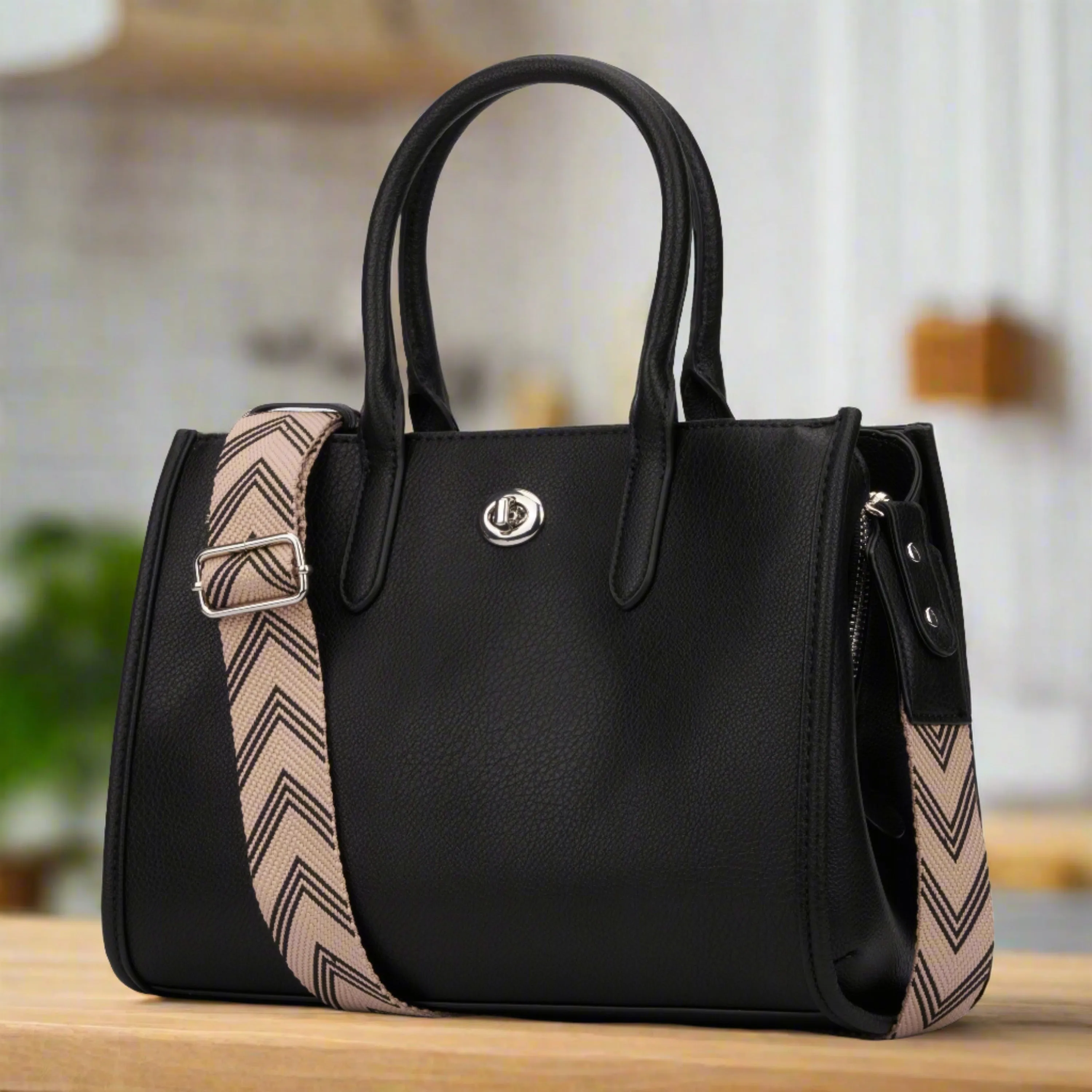 Tote Purse Black Vegan Leather with Removeable Chevron Strap