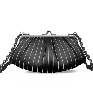 Vampire Art Grunge Victorian Patchwork Premium Nappa Leather Pleated Clutch Bag - Pinstripe Black