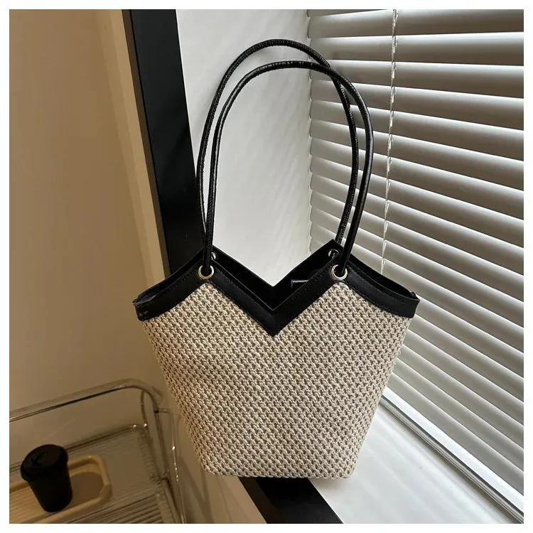 Women Straw Contrast Shoulder And Tote Bag