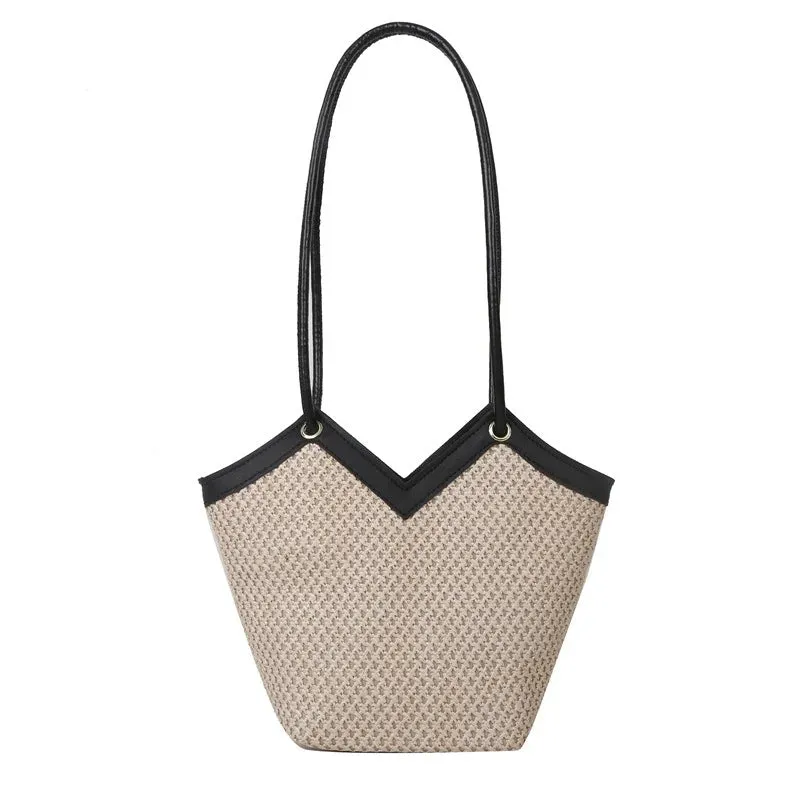 Women Straw Contrast Shoulder And Tote Bag